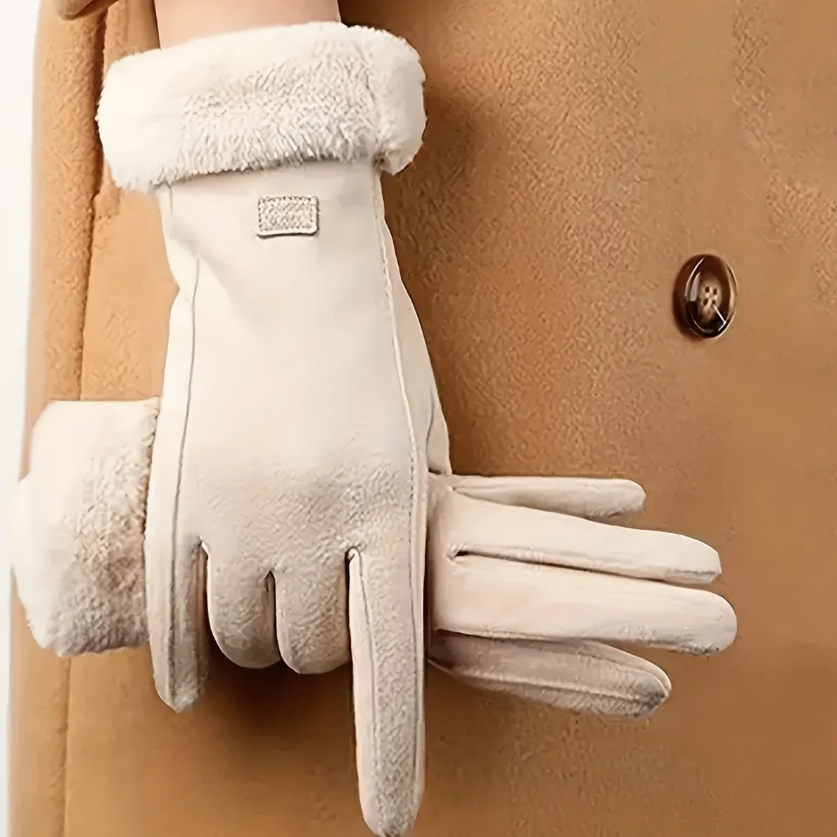Comfortable beige touchscreen gloves with plush lining - providing thick and warm winter protection for outdoor leisure