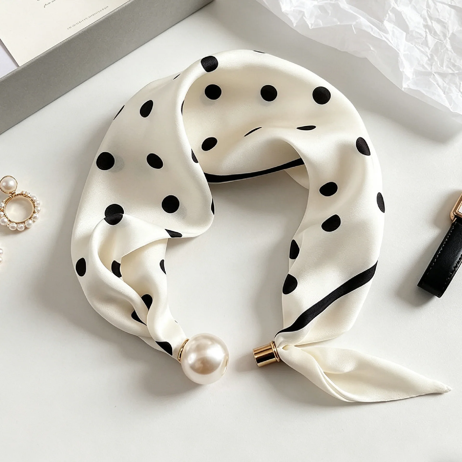 Elegant Chic Pearl Stripe Scarfs Women Fashion Convenient Magnetic Buckle Scarf Pearl Tail Artistic Accessory Neck Wrap Scarves