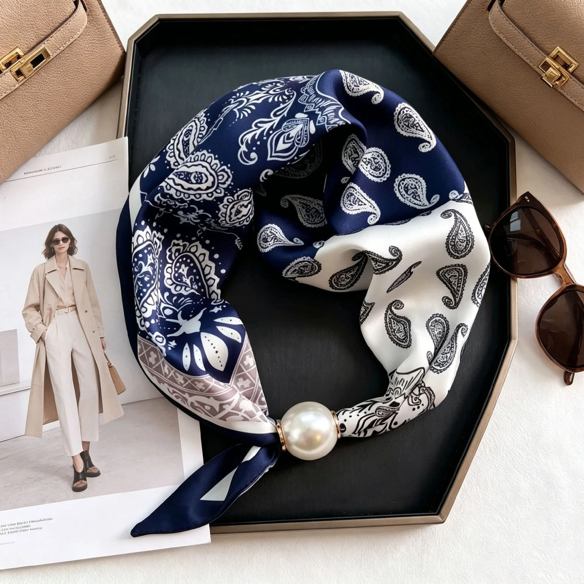 Elegant Chic Pearl Stripe Scarfs Women Fashion Convenient Magnetic Buckle Scarf Pearl Tail Artistic Accessory Neck Wrap Scarves