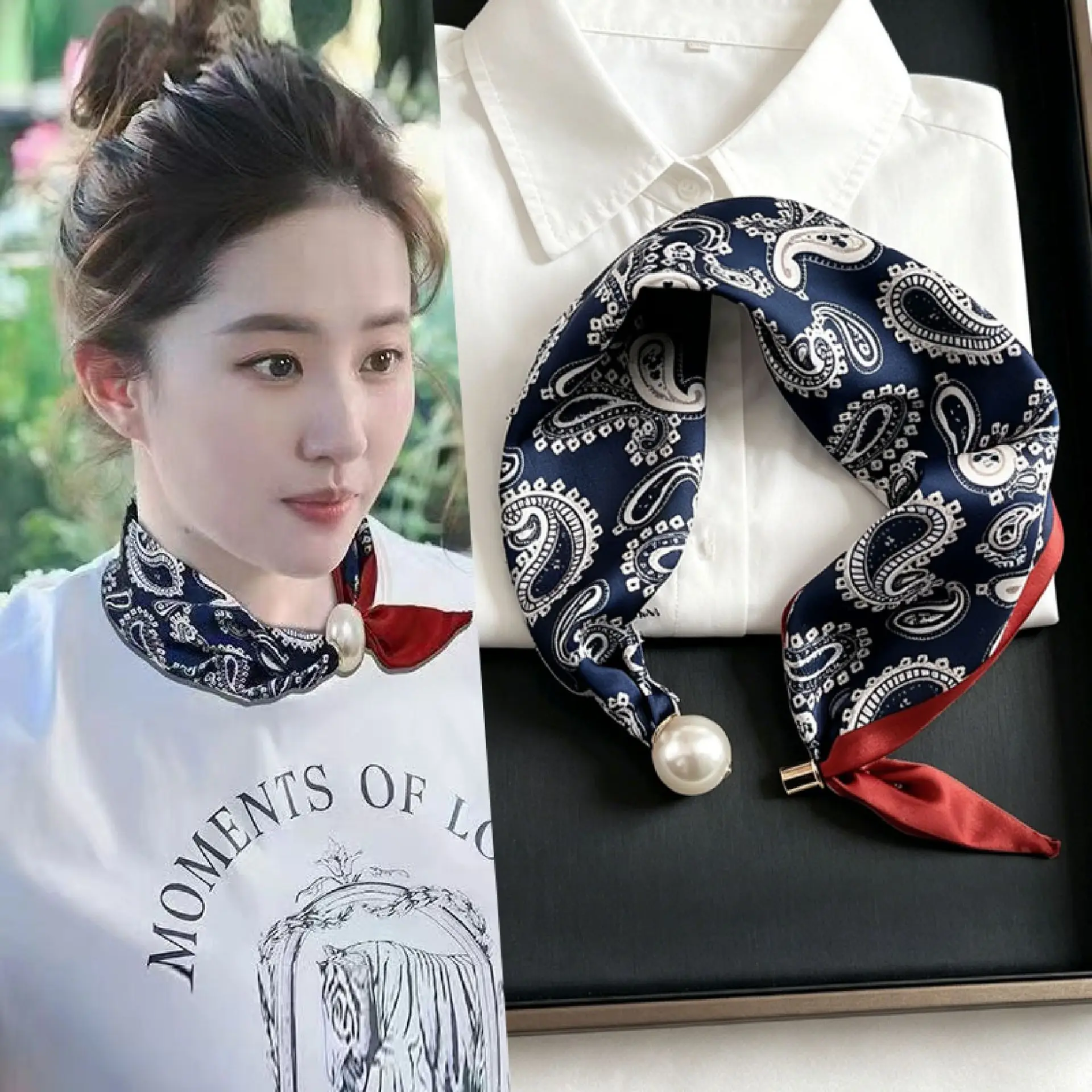 Elegant Chic Pearl Stripe Scarfs Women Fashion Convenient Magnetic Buckle Scarf Pearl Tail Artistic Accessory Neck Wrap Scarves