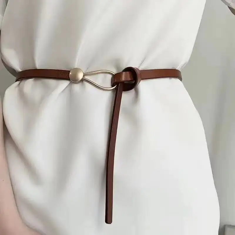 No-hole Knotted Belt Vintage PU Leather Waistband Solid Color Vintage Decorative Belts Thin Dress Girdle For Women