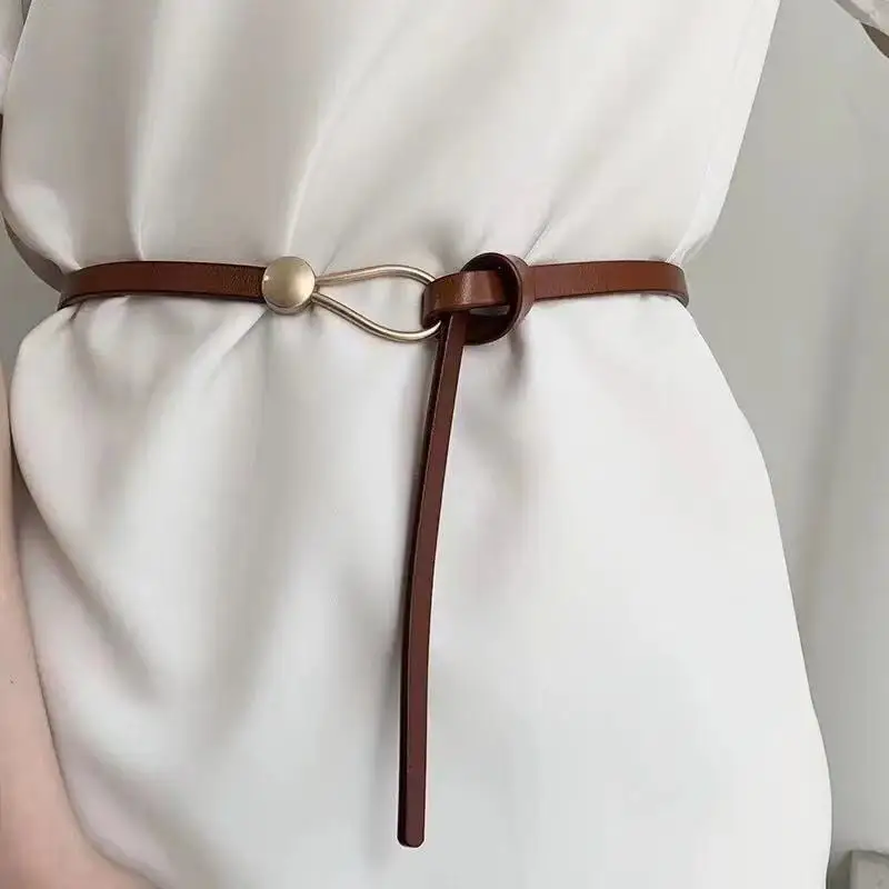 No-hole Knotted Belt Vintage PU Leather Waistband Solid Color Vintage Decorative Belts Thin Dress Girdle For Women