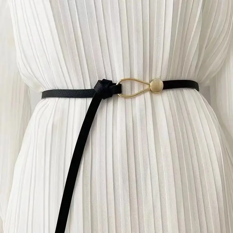 No-hole Knotted Belt Vintage PU Leather Waistband Solid Color Vintage Decorative Belts Thin Dress Girdle For Women