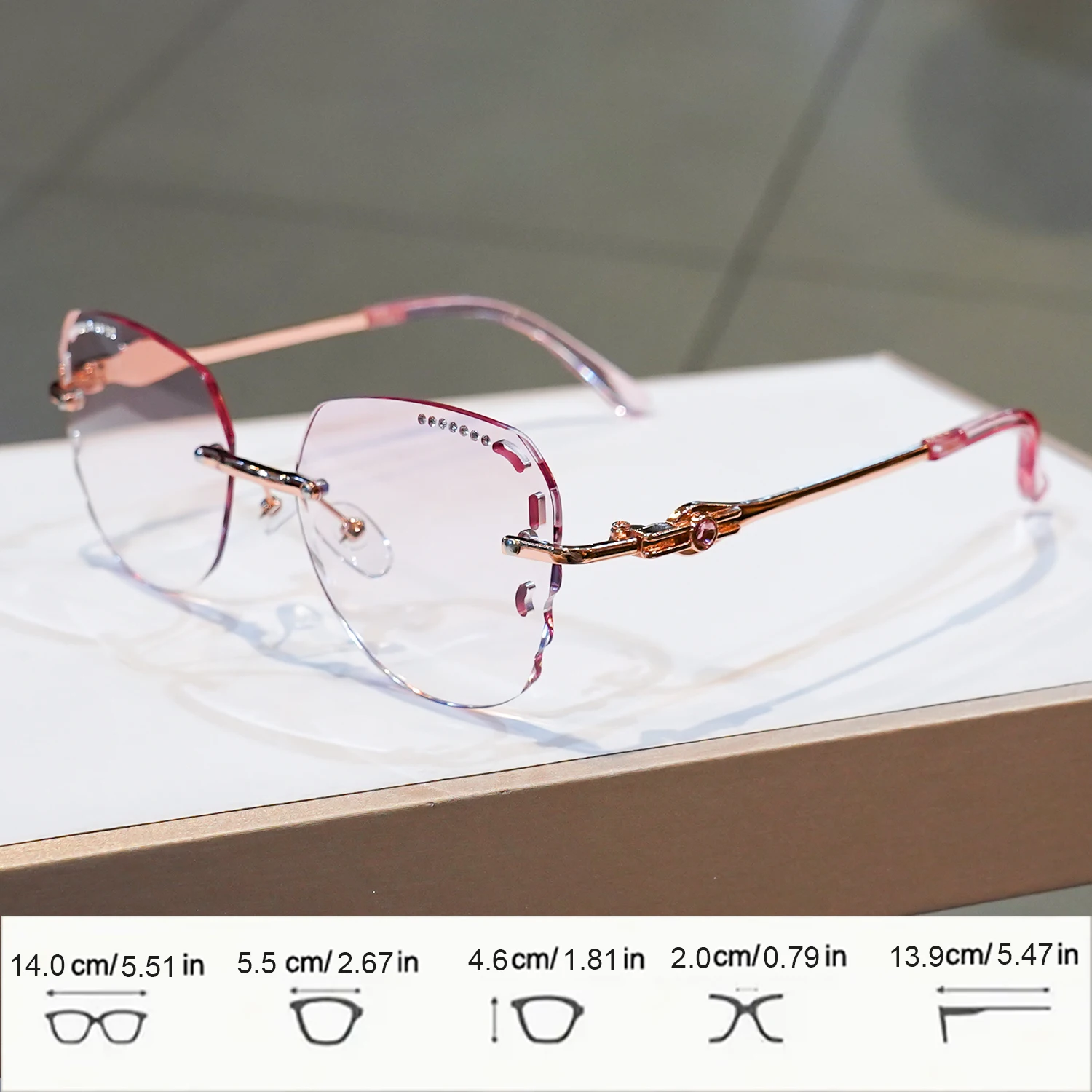 Rimless Reading Glasses Rhinestone Sparkling Eyewear Fashionable Elegant Eyeglasses Metal Frame with PC Lens Irregular Glasses
