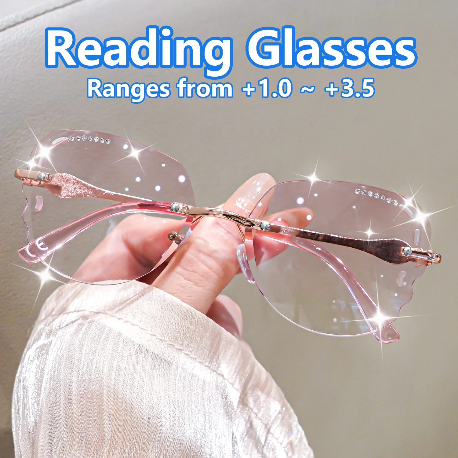 Rimless Reading Glasses Rhinestone Sparkling Eyewear Fashionable Elegant Eyeglasses Metal Frame with PC Lens Irregular Glasses