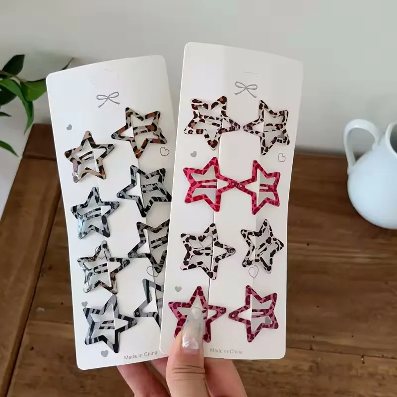 8pcs/set Leopard Print Hair Clips for Women Girls Vintage Geometric Star BB Clips Bangs Hairpins Barrettes Hair Accessories Set