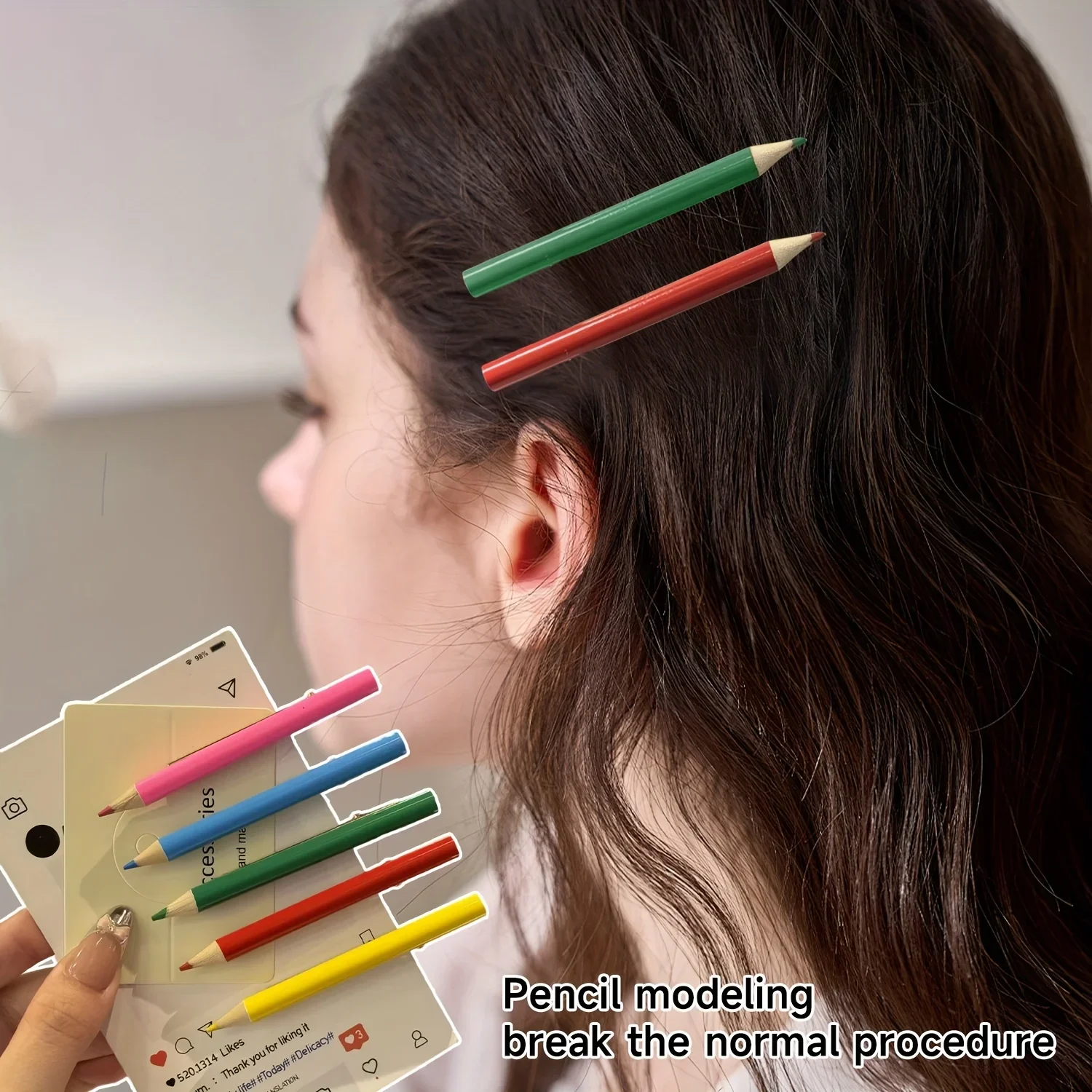 5Pcs/Set Creative Pencil Shaped Hair Clip Multi Color Simulation Pen Shaped Side Clip Fun Girl Heart Decor Hair Clip