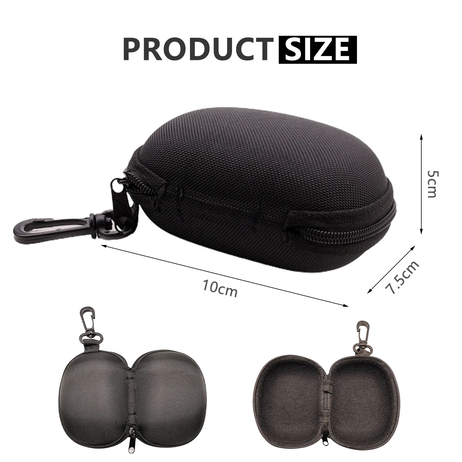 Foldable Glasses Case Black Zipper Hard Eyeglass Storage Box with Hook for Sunglasses Travel Protection for Men Women