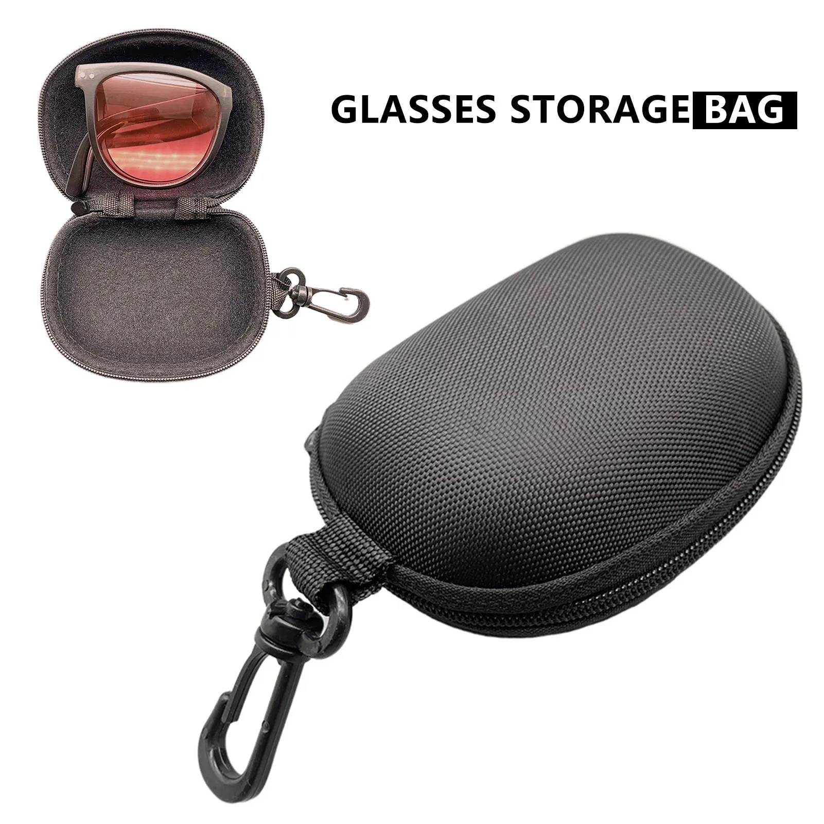 Foldable Glasses Case Black Zipper Hard Eyeglass Storage Box with Hook for Sunglasses Travel Protection for Men Women