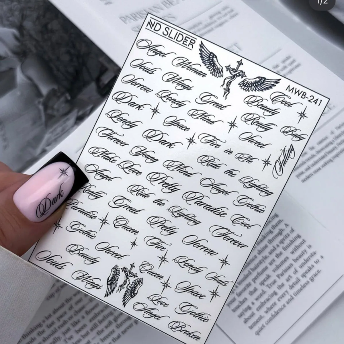 Black White Letter Words Nail Stickers Angel Wings Letter Mixed Designs Holographic Y2K Nail DIY Decorative Stickers