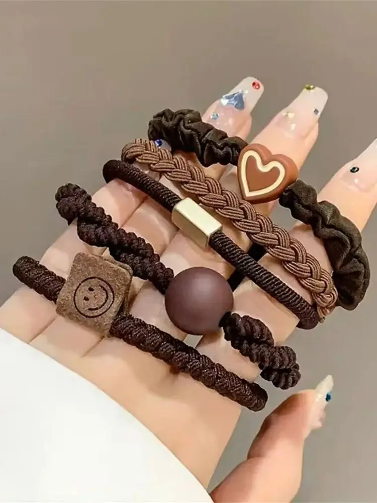 5/10/20pcs Simple Style Hair Tie Set Braided Hair Rope Heart Decor Scrunchies Elastic Ponytail Holder Hair Accessories For Women