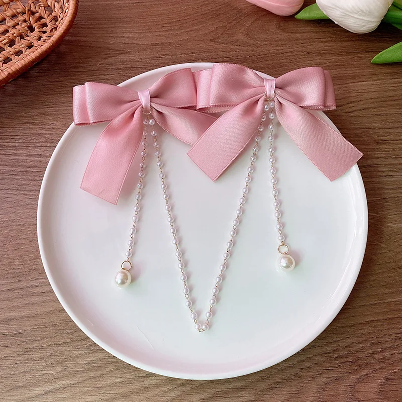 Sweet Princess Style Pink Pearls Chain Bow Hair Clip Women Children's Cute Back Head Hairpins Hair Clips Girls Hair Accessories