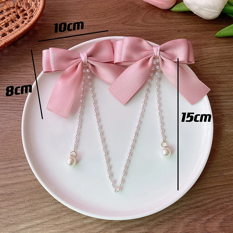 Sweet Princess Style Pink Pearls Chain Bow Hair Clip Women Children's Cute Back Head Hairpins Hair Clips Girls Hair Accessories