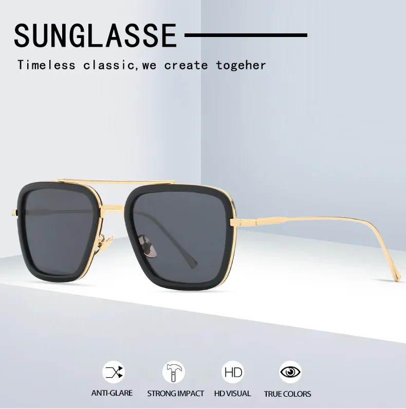 Steam Punk Tony Stark Sunglasses Men Women Fashion Square Driving Glasses Unisex Metal Frame Trendy Shades Oculos De Sol
