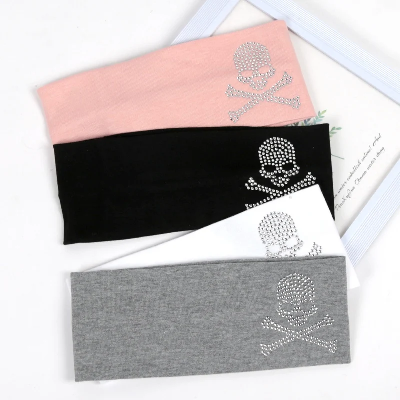 SKull Design Retro Street Punk Style Rhinestone Hair Strap Hot Girls Elastic Wide Edge Hairband Sports Anti Sweating Headband