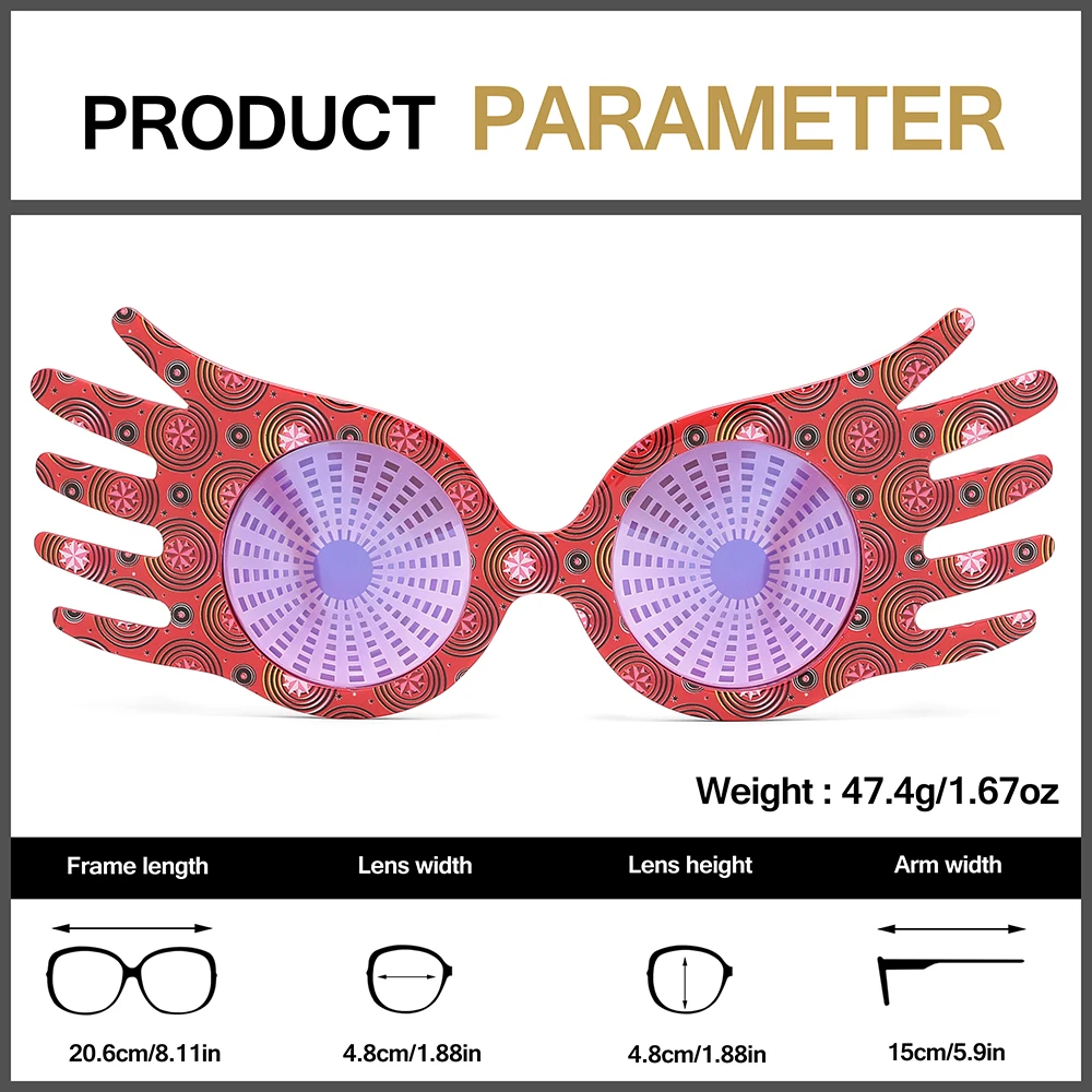 Novelty Hand Shape Masquerade Glasses Red Swirl Print Frame Purple Lens Funny Decorative Eyewear For Ball, Carnival And Costume