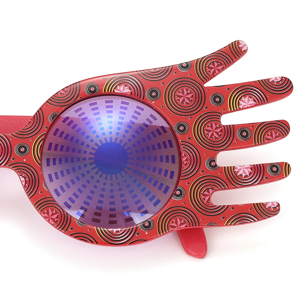 Novelty Hand Shape Masquerade Glasses Red Swirl Print Frame Purple Lens Funny Decorative Eyewear For Ball, Carnival And Costume