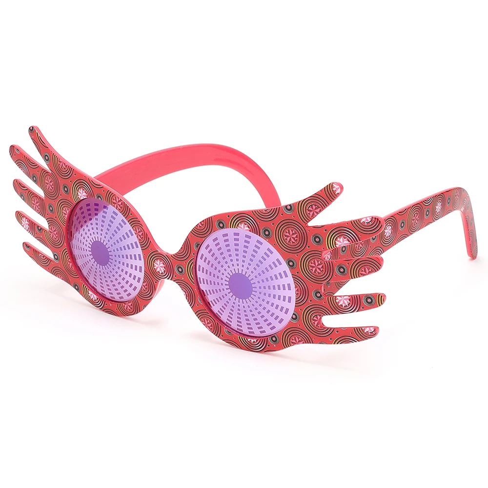Novelty Hand Shape Masquerade Glasses Red Swirl Print Frame Purple Lens Funny Decorative Eyewear For Ball, Carnival And Costume