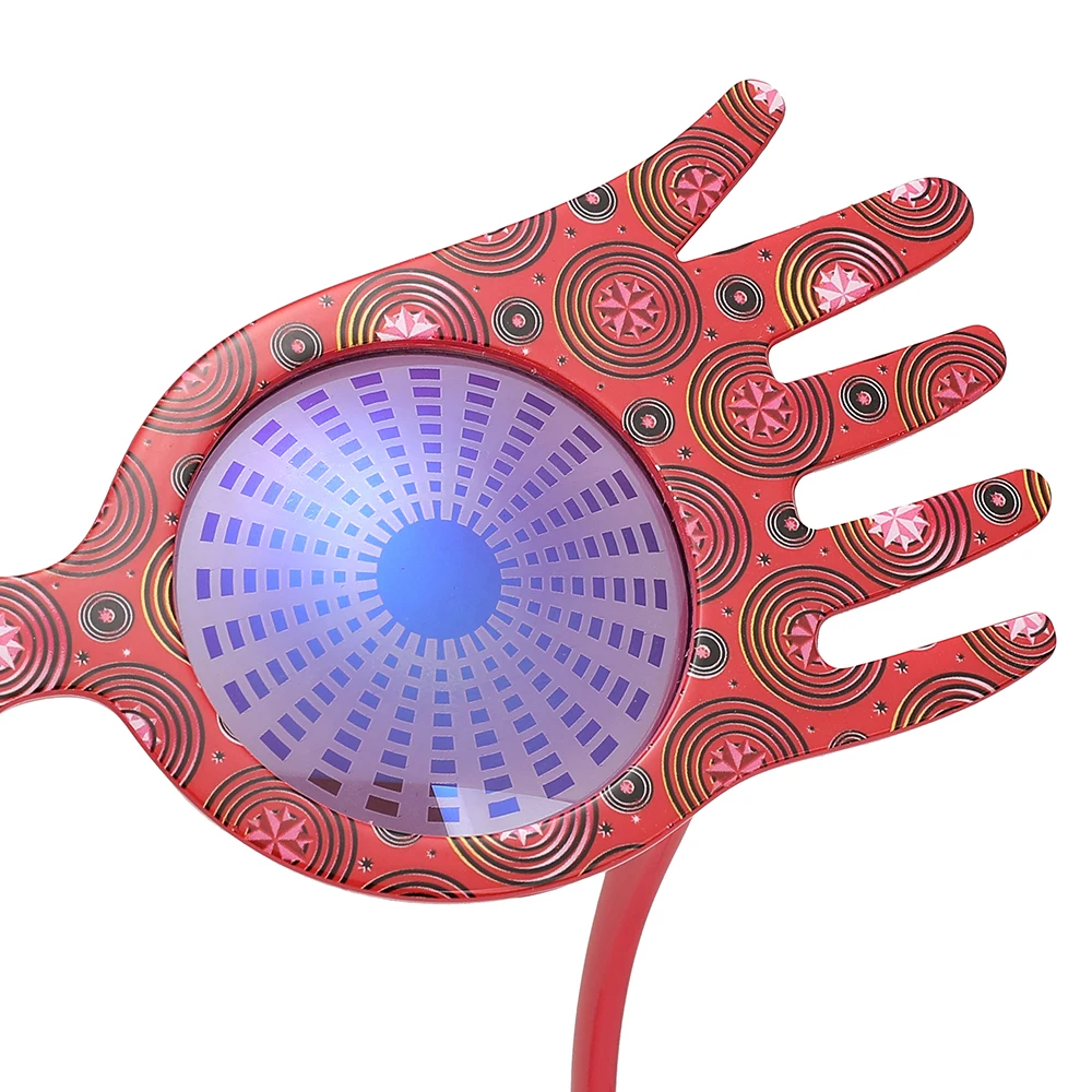 Novelty Hand Shape Masquerade Glasses Red Swirl Print Frame Purple Lens Funny Decorative Eyewear For Ball, Carnival And Costume