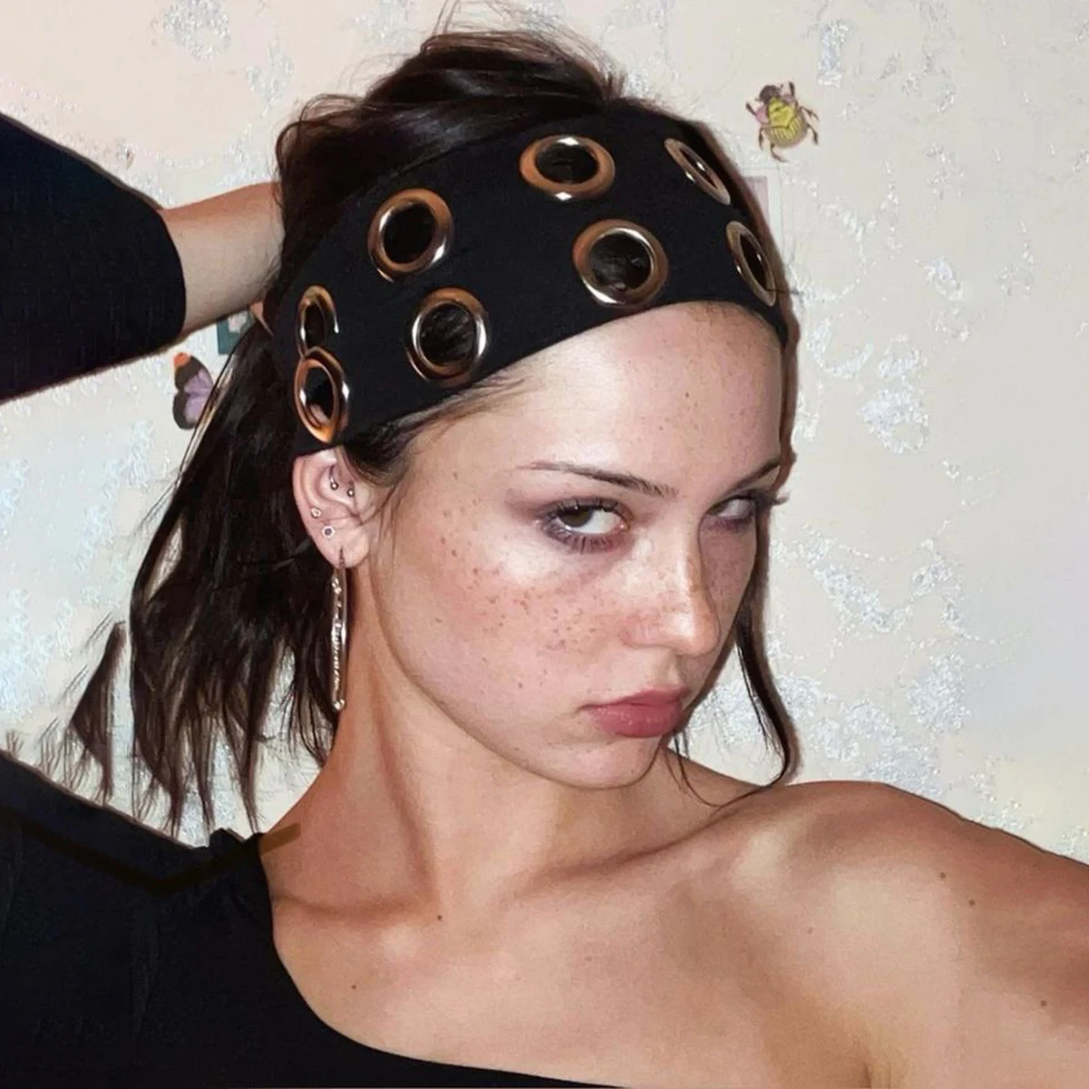 AWAYTR Punk Girl Fabric Hollow Elastic Headbands Metal Rock Personalized Hollow Eyelets Hair Band Casual Sports Grommet Headband