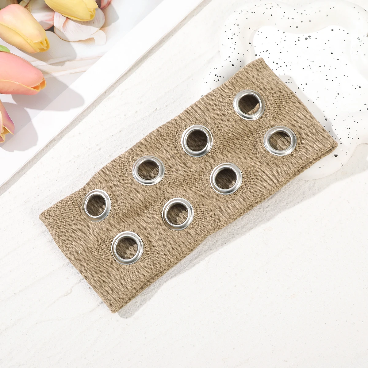 AWAYTR Punk Girl Fabric Hollow Elastic Headbands Metal Rock Personalized Hollow Eyelets Hair Band Casual Sports Grommet Headband
