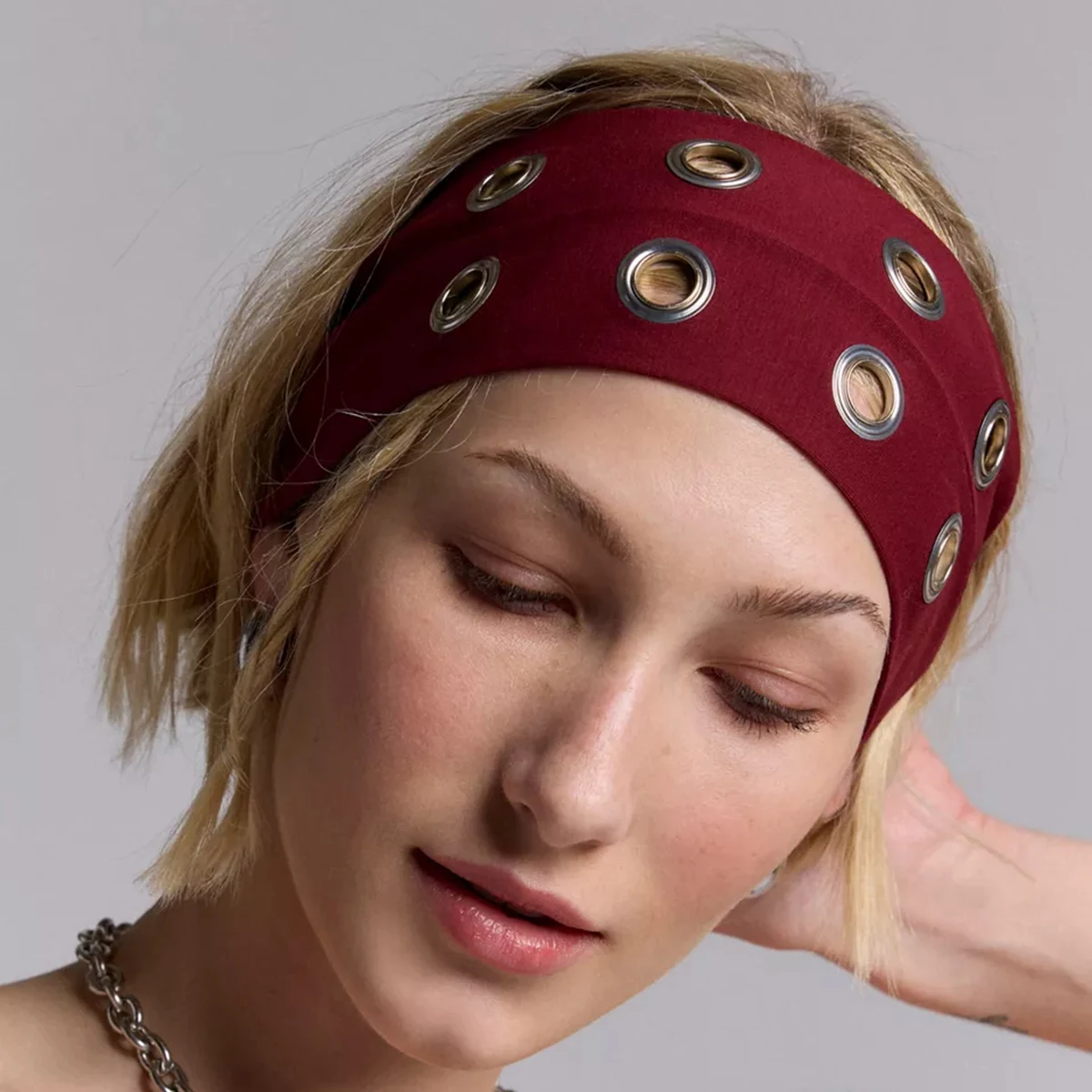 AWAYTR Punk Girl Fabric Hollow Elastic Headbands Metal Rock Personalized Hollow Eyelets Hair Band Casual Sports Grommet Headband