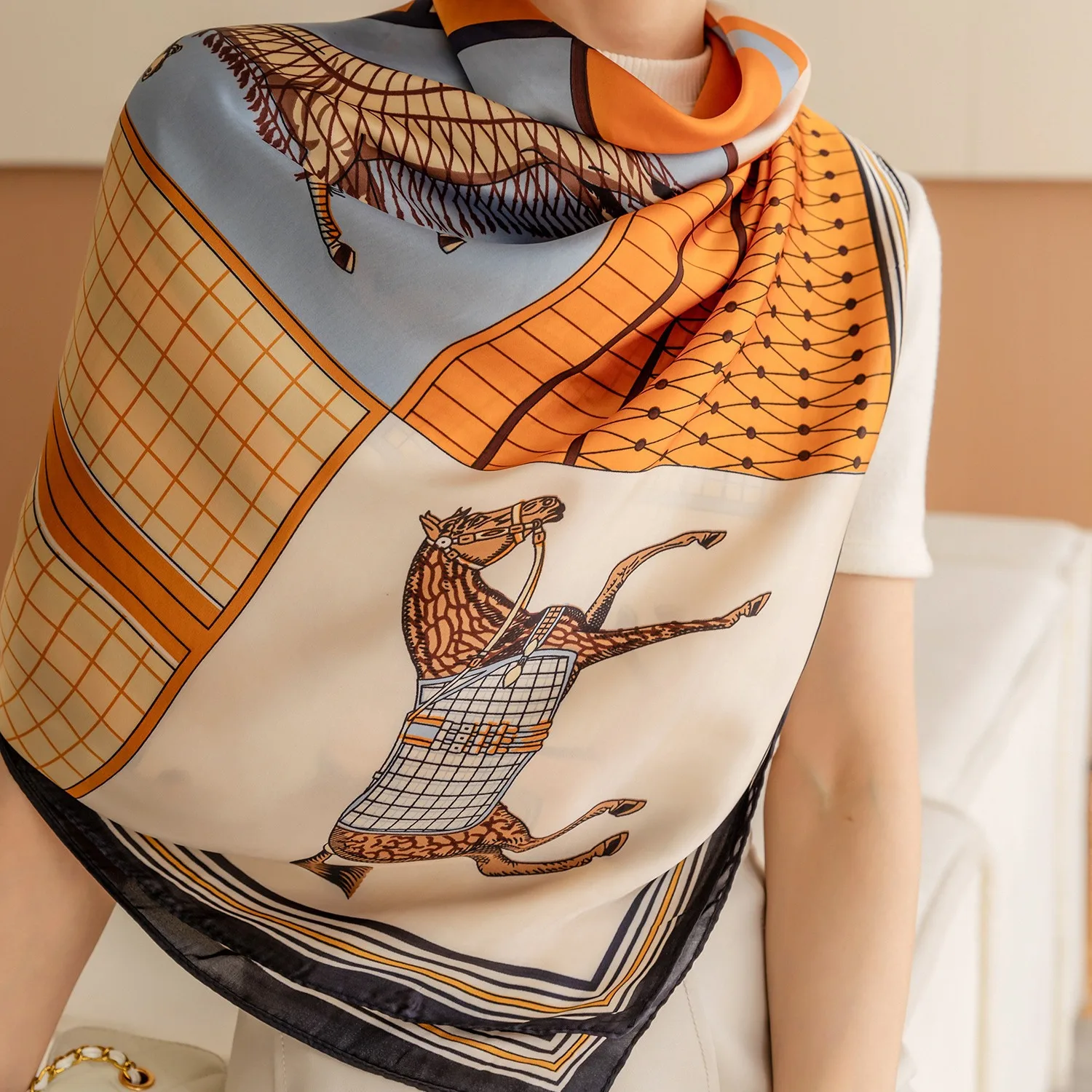 Luxury Horse Print Square Scarf Vintage Imitation Silk Shawl Scarf Women Windproof Outdoor Head Wrap 110*110cm
