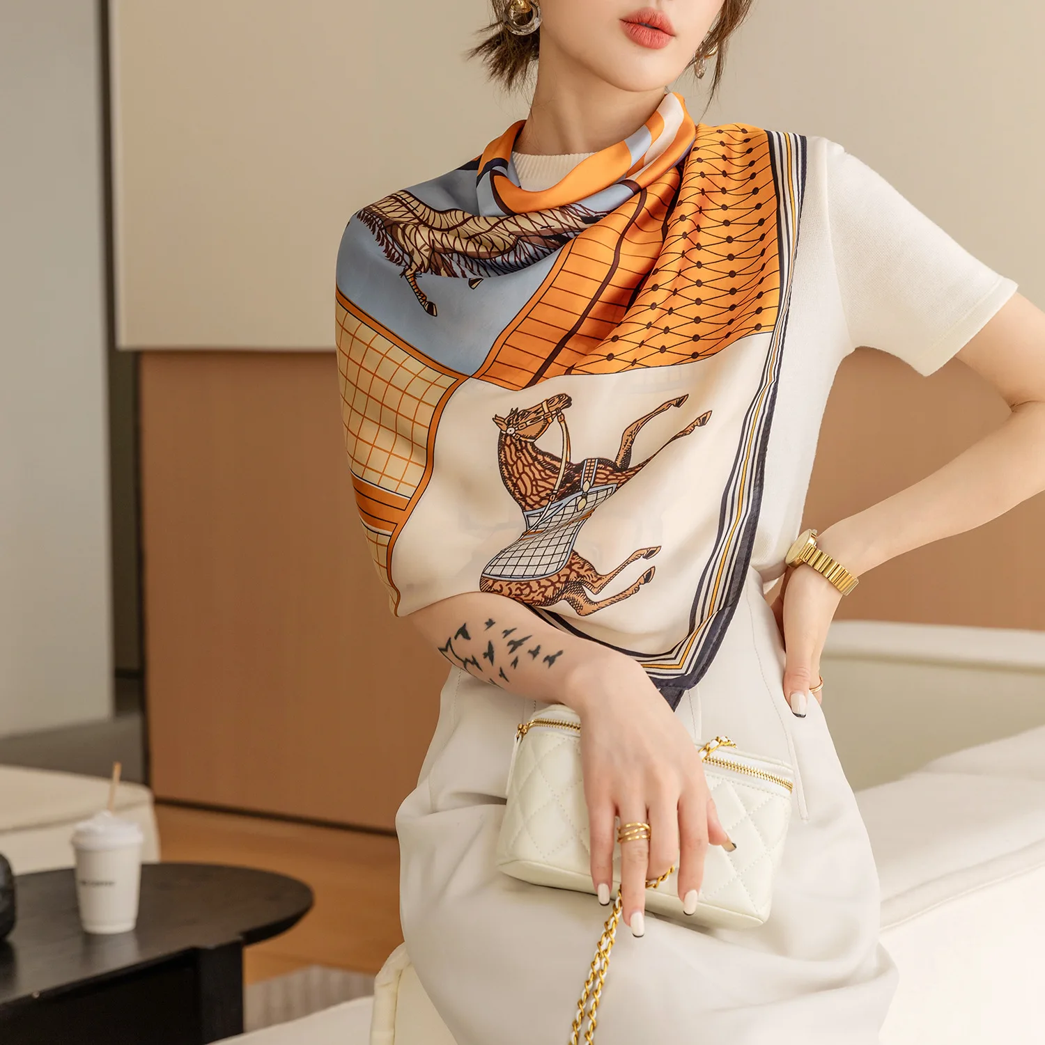 Luxury Horse Print Square Scarf Vintage Imitation Silk Shawl Scarf Women Windproof Outdoor Head Wrap 110*110cm