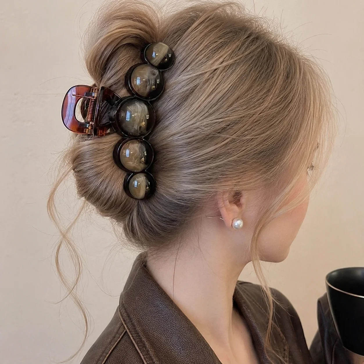 Vintage Beaded Hair Claw Clip Bubble Ball Gradient for Women Elegant Brown 11CM Large Acrylic Hair Claws French Hair Accessories