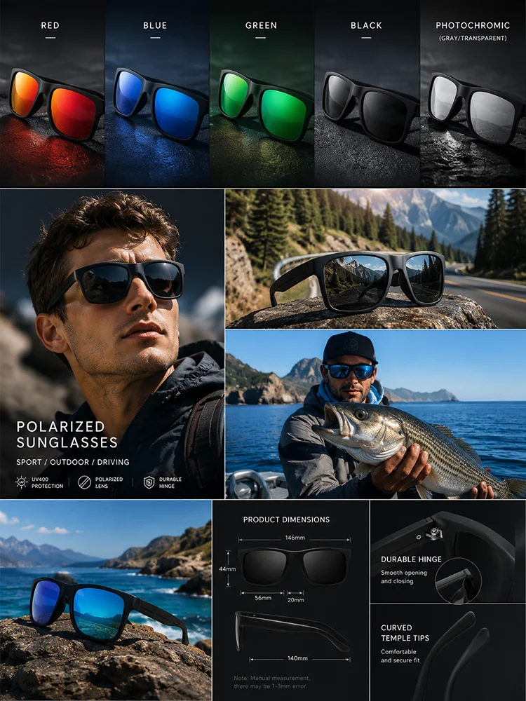 Matte Black Frame Polarized Sunglasses Men Square UV400 Driving Shades Outdoor Sports Sun Glasses