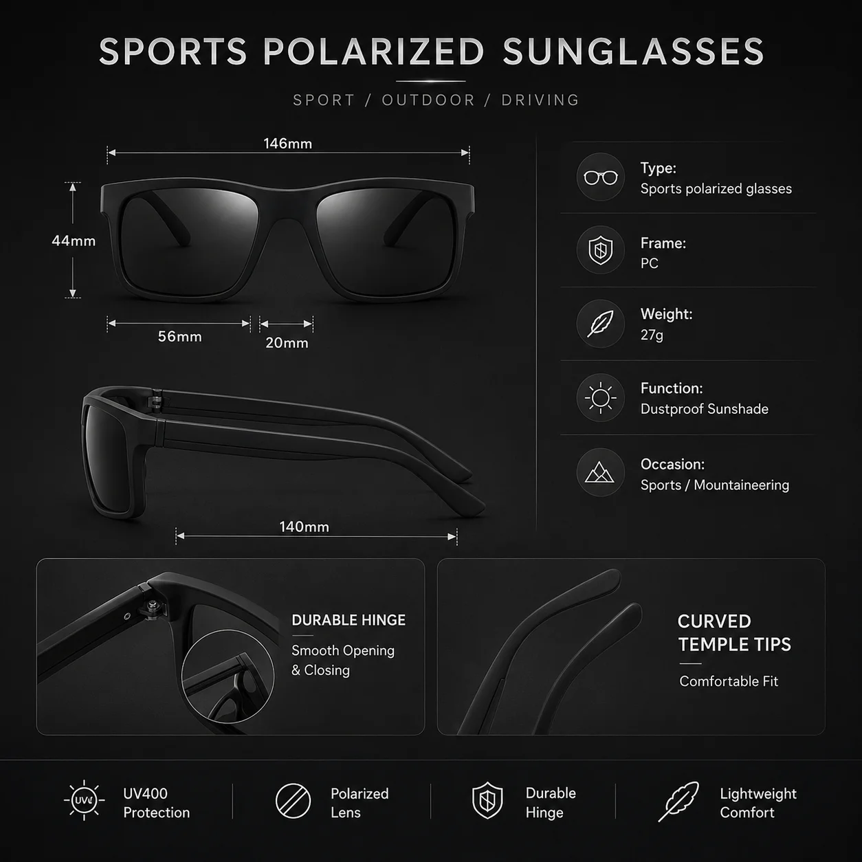 Matte Black Frame Polarized Sunglasses Men Square UV400 Driving Shades Outdoor Sports Sun Glasses