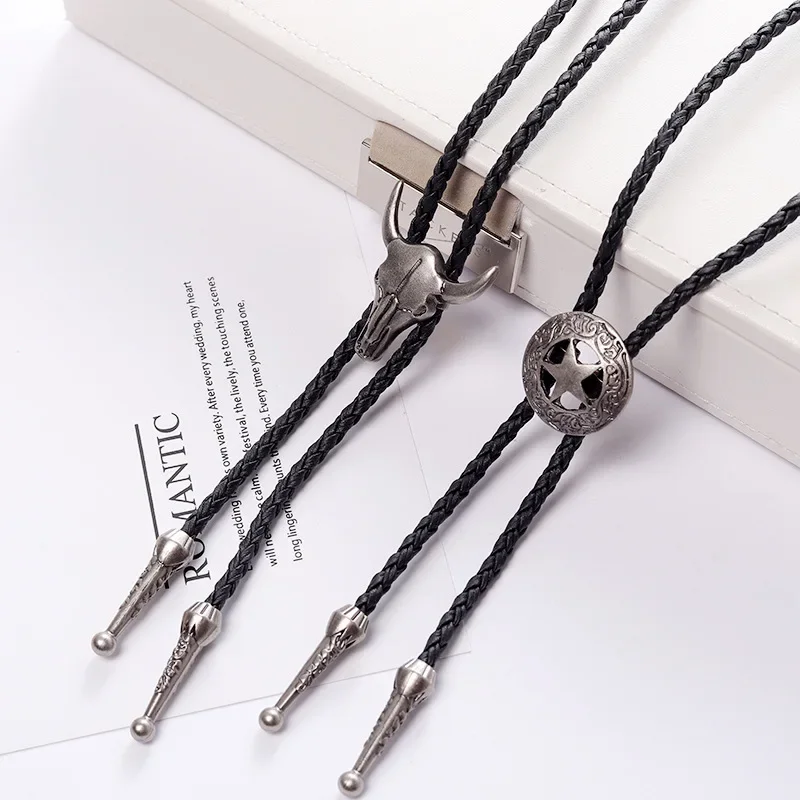 Adjustable Bull Head Five Stars Western Cowboy Bolo Tie Rodeo Dance Necktie Faux Leather Pendant Necklace