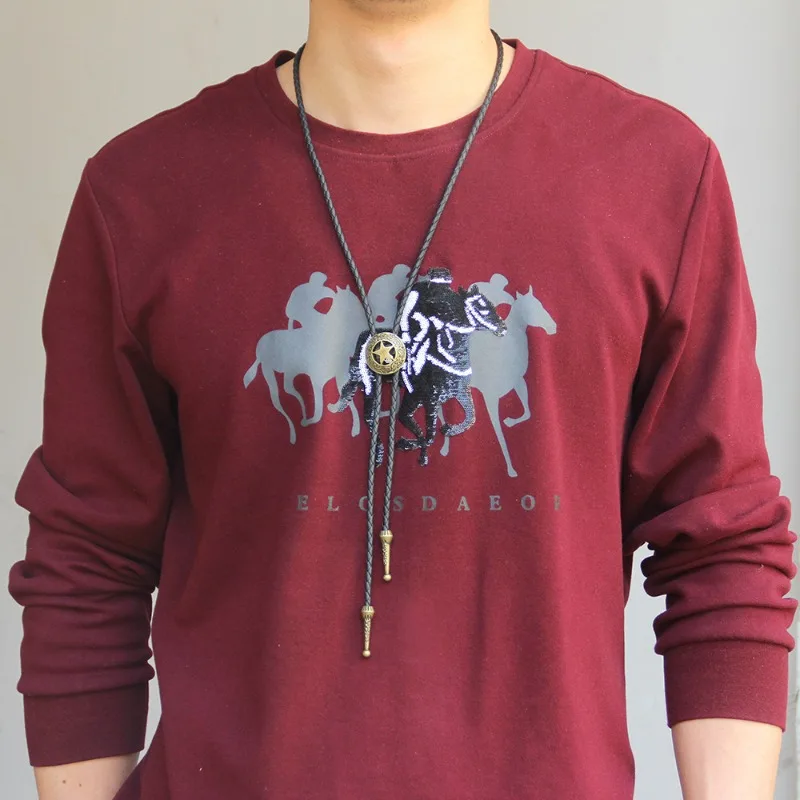 Adjustable Bull Head Five Stars Western Cowboy Bolo Tie Rodeo Dance Necktie Faux Leather Pendant Necklace