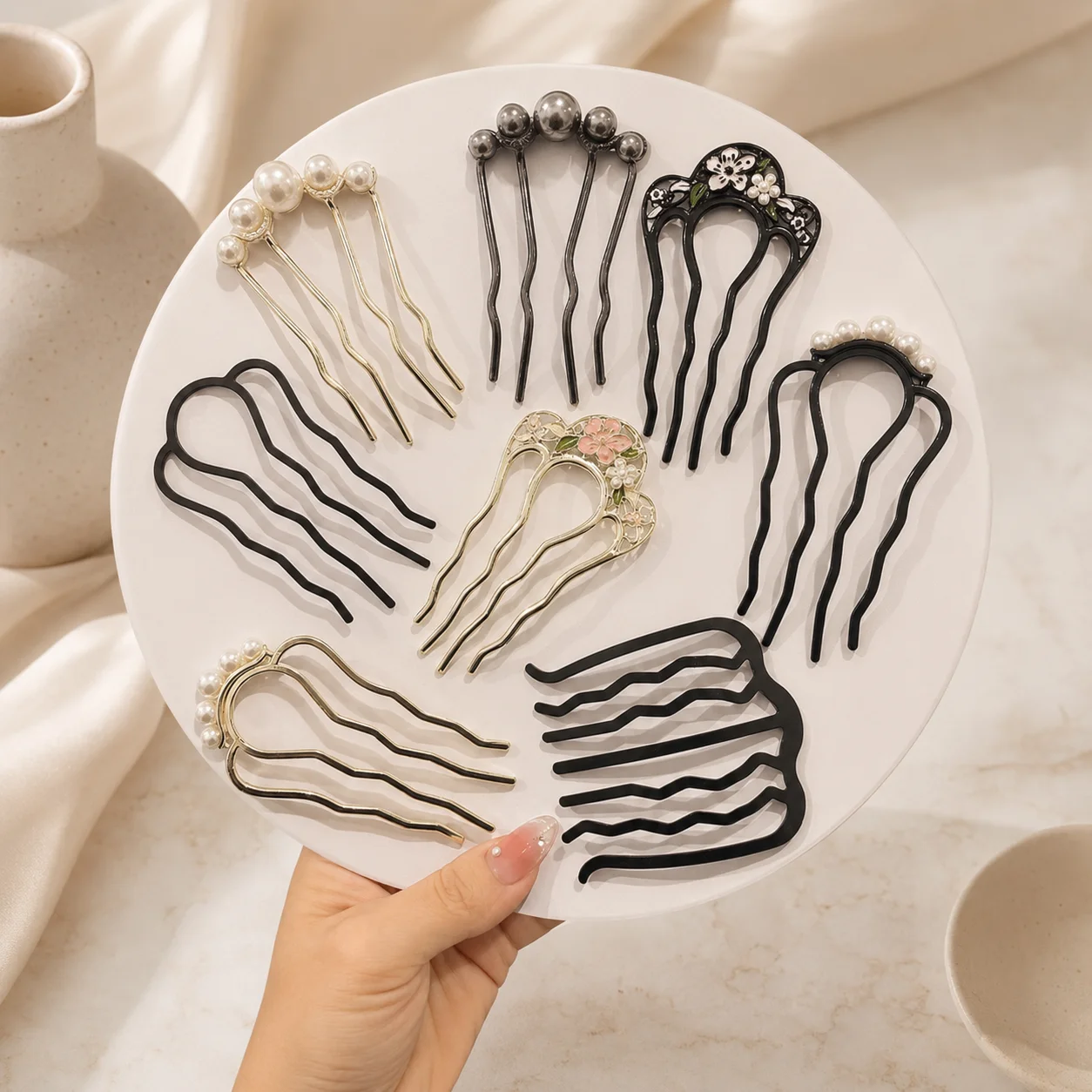Korean Pearl Hair Fork for Women Alloy Rhinestone U Shaped Hair Pin French Twist Bun Holder Wedding Bridal Hair Accessories Gift