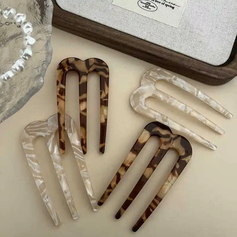French Hair Pins for Women U Shaped Hair Forks Vintage Hairstyle Accessories Fashion 3 Prong Bun Hair Sticks