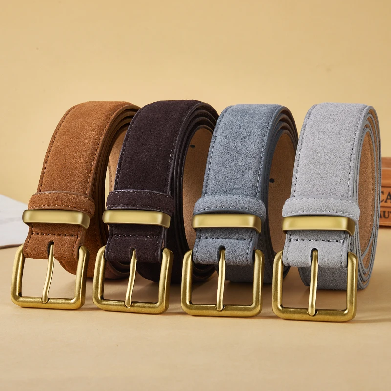 Luxury Suede Cowhide Leather Belt for Women, Vintage Style with Gold Buckle, 3.5cm Wide Waistband for Dresses & Jeans