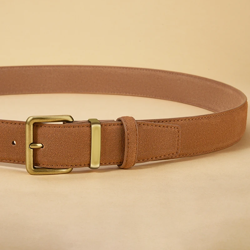 Luxury Suede Cowhide Leather Belt for Women, Vintage Style with Gold Buckle, 3.5cm Wide Waistband for Dresses & Jeans