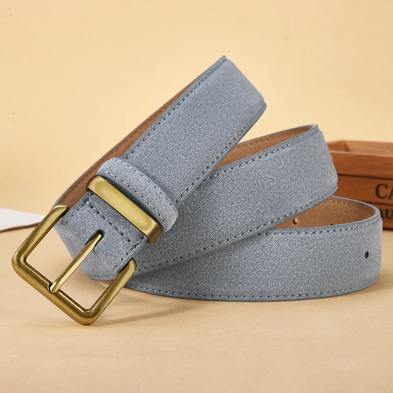 Luxury Suede Cowhide Leather Belt for Women, Vintage Style with Gold Buckle, 3.5cm Wide Waistband for Dresses & Jeans