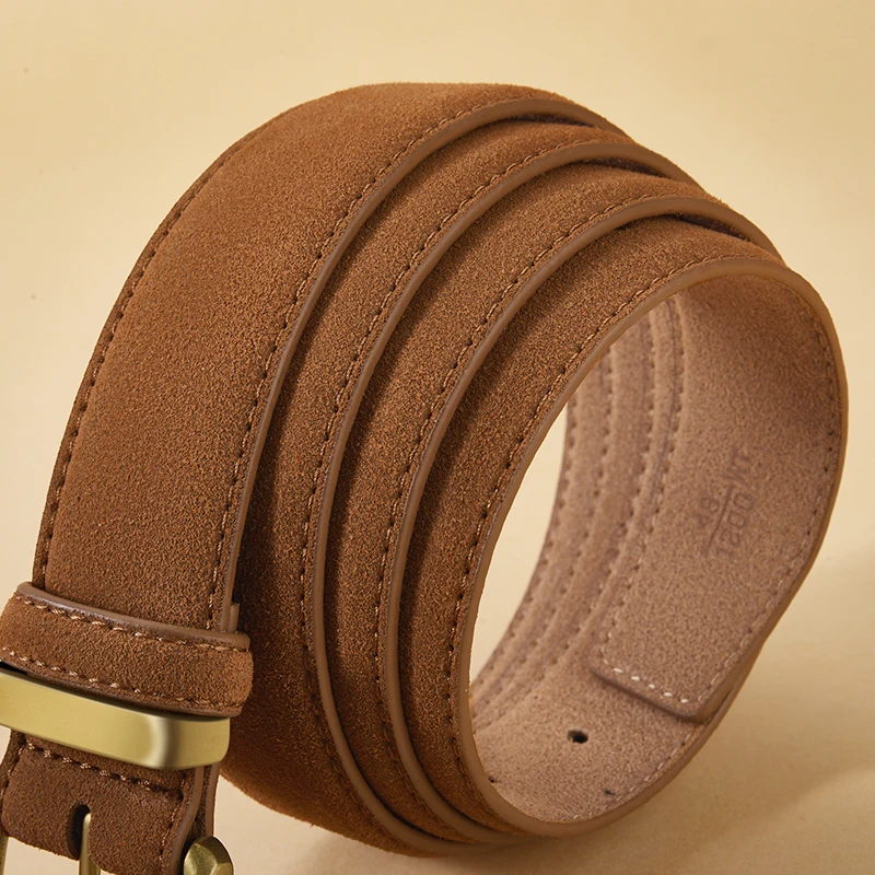 Luxury Suede Cowhide Leather Belt for Women, Vintage Style with Gold Buckle, 3.5cm Wide Waistband for Dresses & Jeans