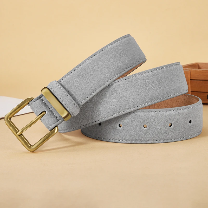 Luxury Suede Cowhide Leather Belt for Women, Vintage Style with Gold Buckle, 3.5cm Wide Waistband for Dresses & Jeans