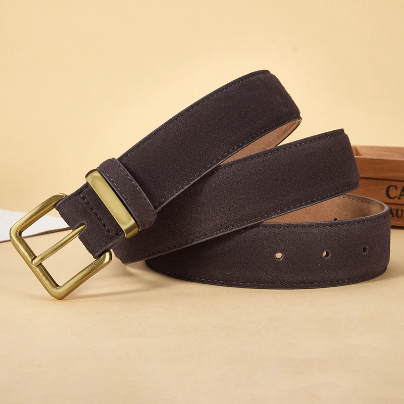 Luxury Suede Cowhide Leather Belt for Women, Vintage Style with Gold Buckle, 3.5cm Wide Waistband for Dresses & Jeans