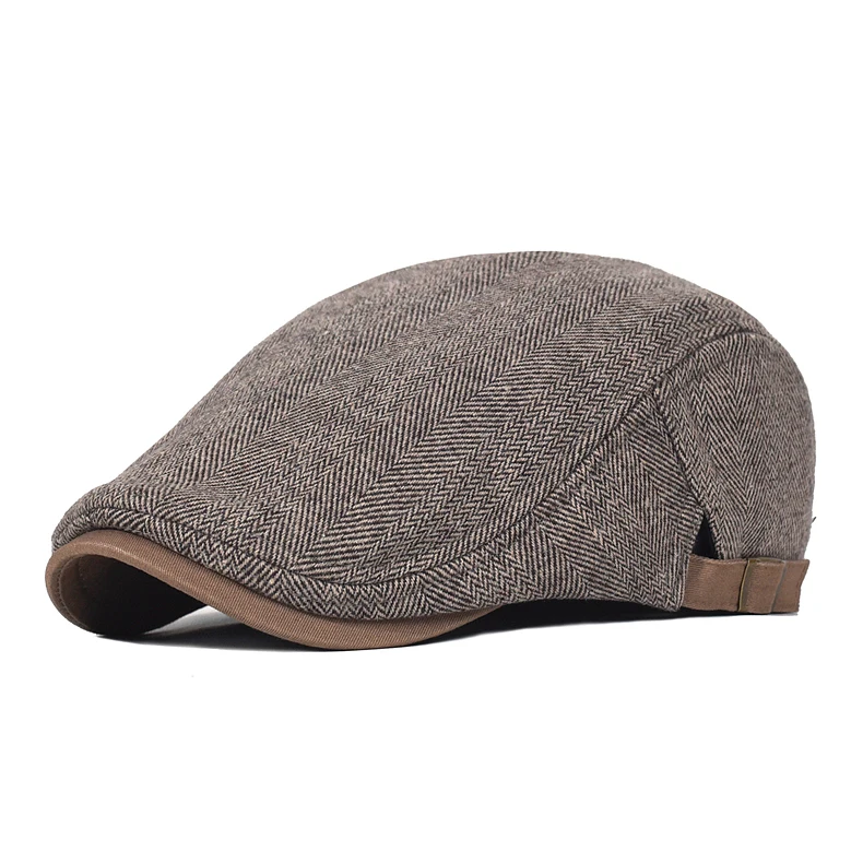 Big Size Winter Newsboy Cap Men Wool Thick Warm Vintage Herringbone Casual Stripe Berets Gatsby Flat Hat Peaked Cap Adjustable