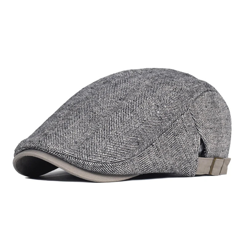Big Size Winter Newsboy Cap Men Wool Thick Warm Vintage Herringbone Casual Stripe Berets Gatsby Flat Hat Peaked Cap Adjustable