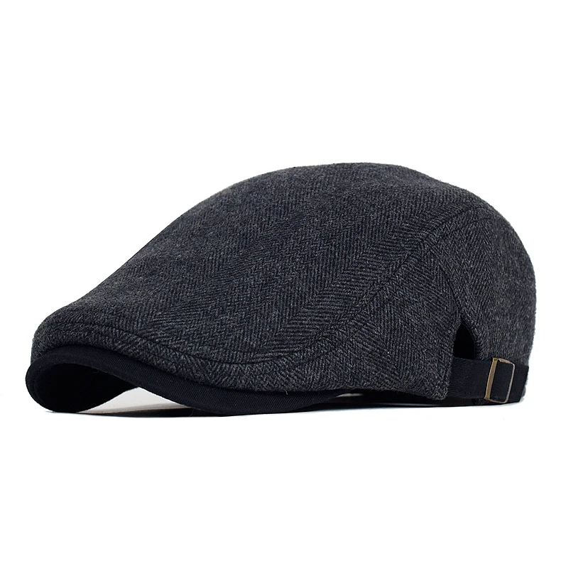 Big Size Winter Newsboy Cap Men Wool Thick Warm Vintage Herringbone Casual Stripe Berets Gatsby Flat Hat Peaked Cap Adjustable