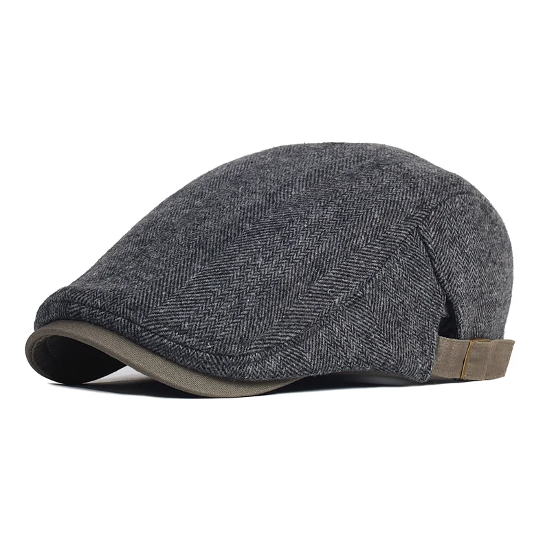 Big Size Winter Newsboy Cap Men Wool Thick Warm Vintage Herringbone Casual Stripe Berets Gatsby Flat Hat Peaked Cap Adjustable