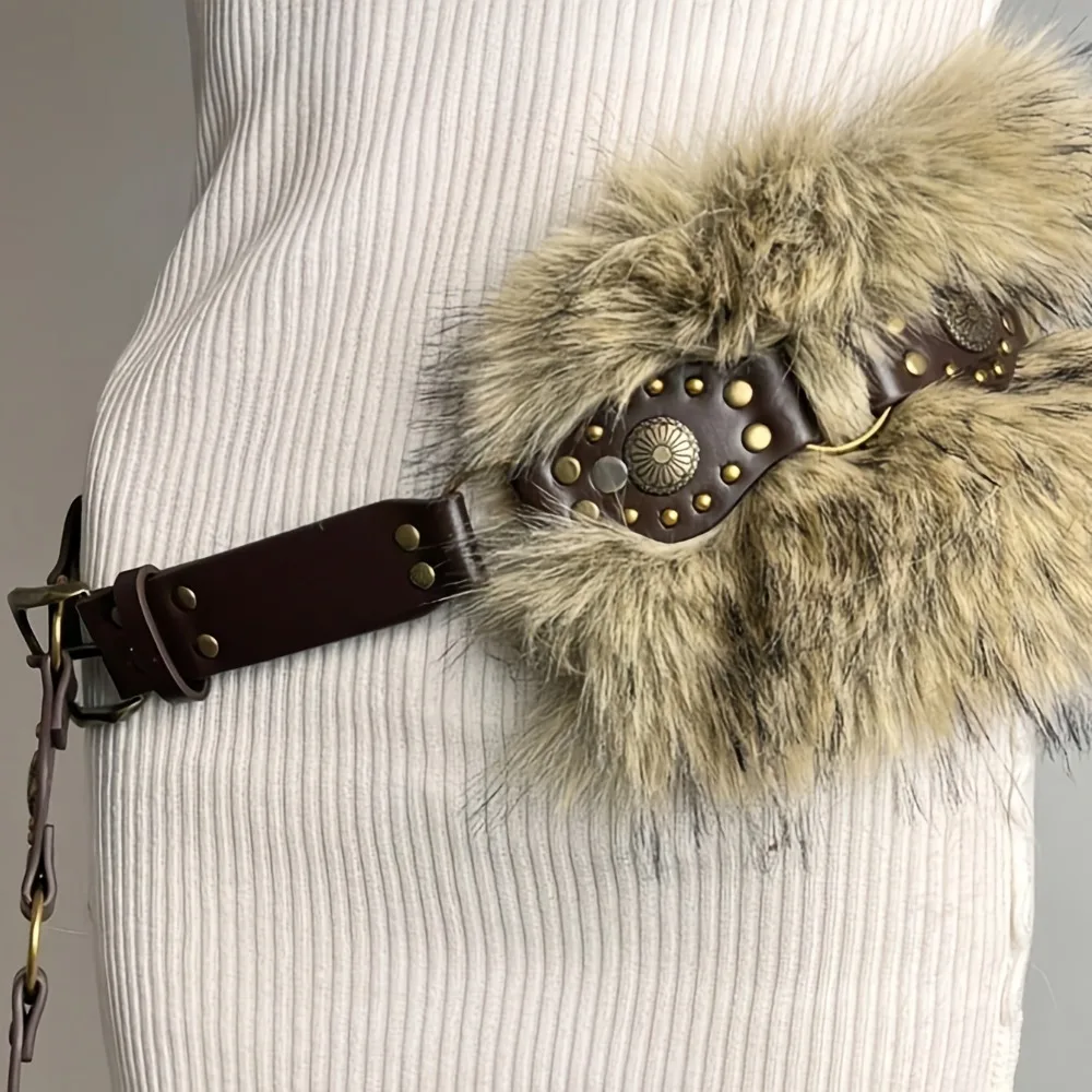 Fashion Women's Faux Fur Belt Rivet Leather Belts for Pants and Coats Brown and Black Y2K Girls' Belt