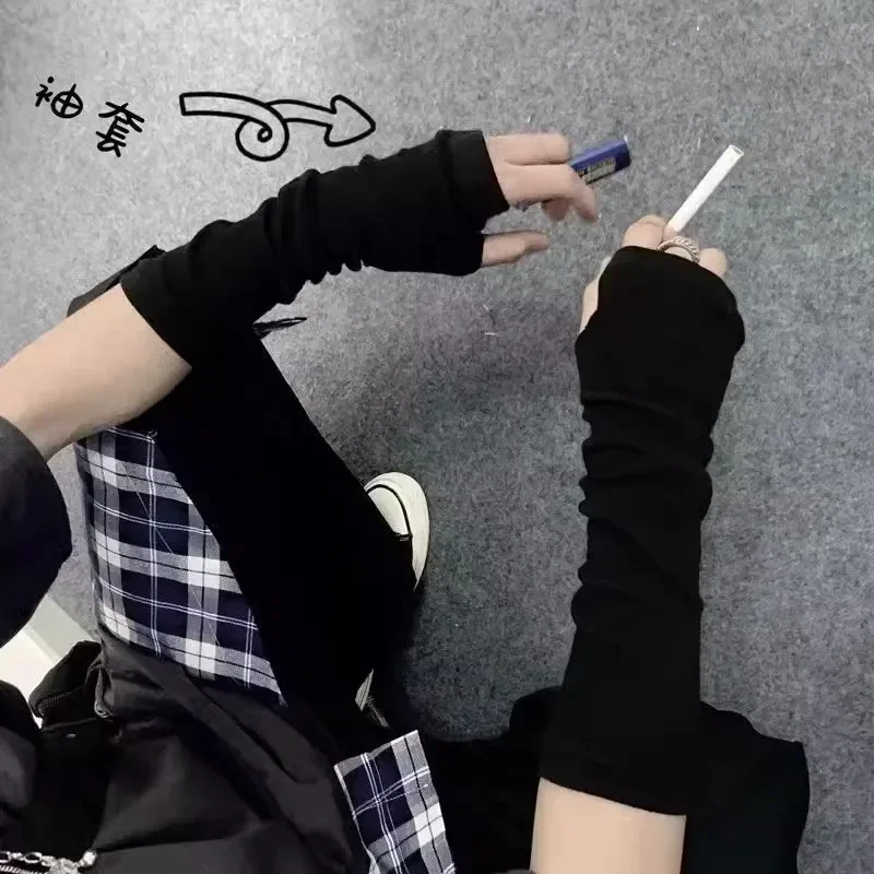 Y2K Gothic Lolita Gloves Arm Cover Harajuku Arm Warmers Black Grey Striped Fingerless Punk Long Wristband Metallic Unisex Gloves