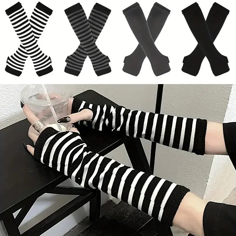Y2K Gothic Lolita Gloves Arm Cover Harajuku Arm Warmers Black Grey Striped Fingerless Punk Long Wristband Metallic Unisex Gloves