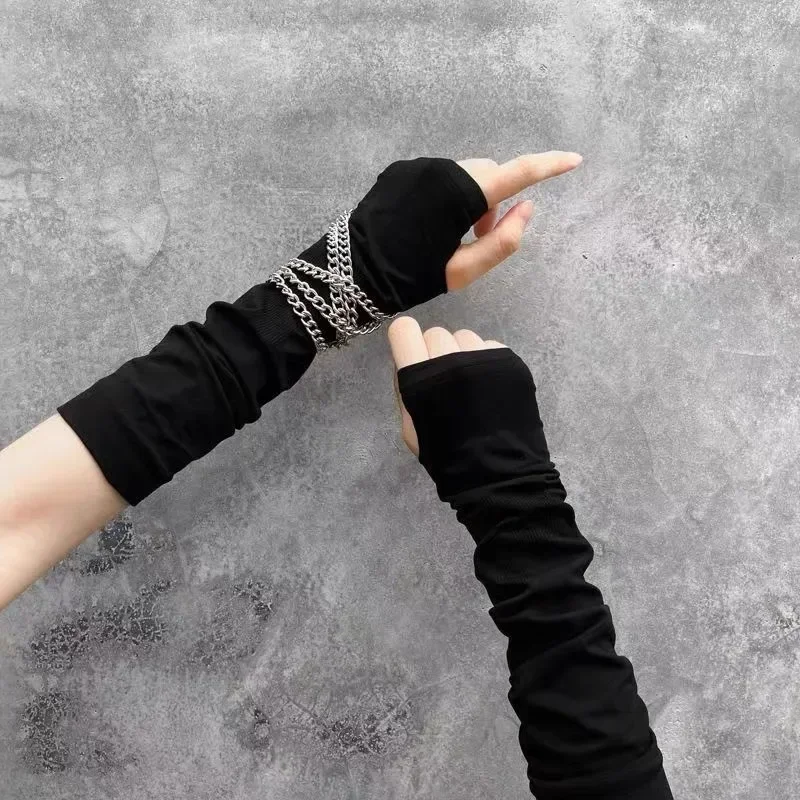 Y2K Gothic Lolita Gloves Arm Cover Harajuku Arm Warmers Black Grey Striped Fingerless Punk Long Wristband Metallic Unisex Gloves