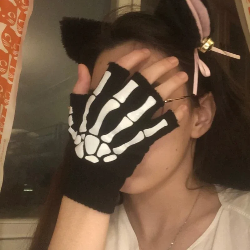 New Punk Gloves Unisex Halloween Skeleton Skull Half Finger Gloves Glow in The Dark Fingerless Stretch Knitted Winter Mittens
